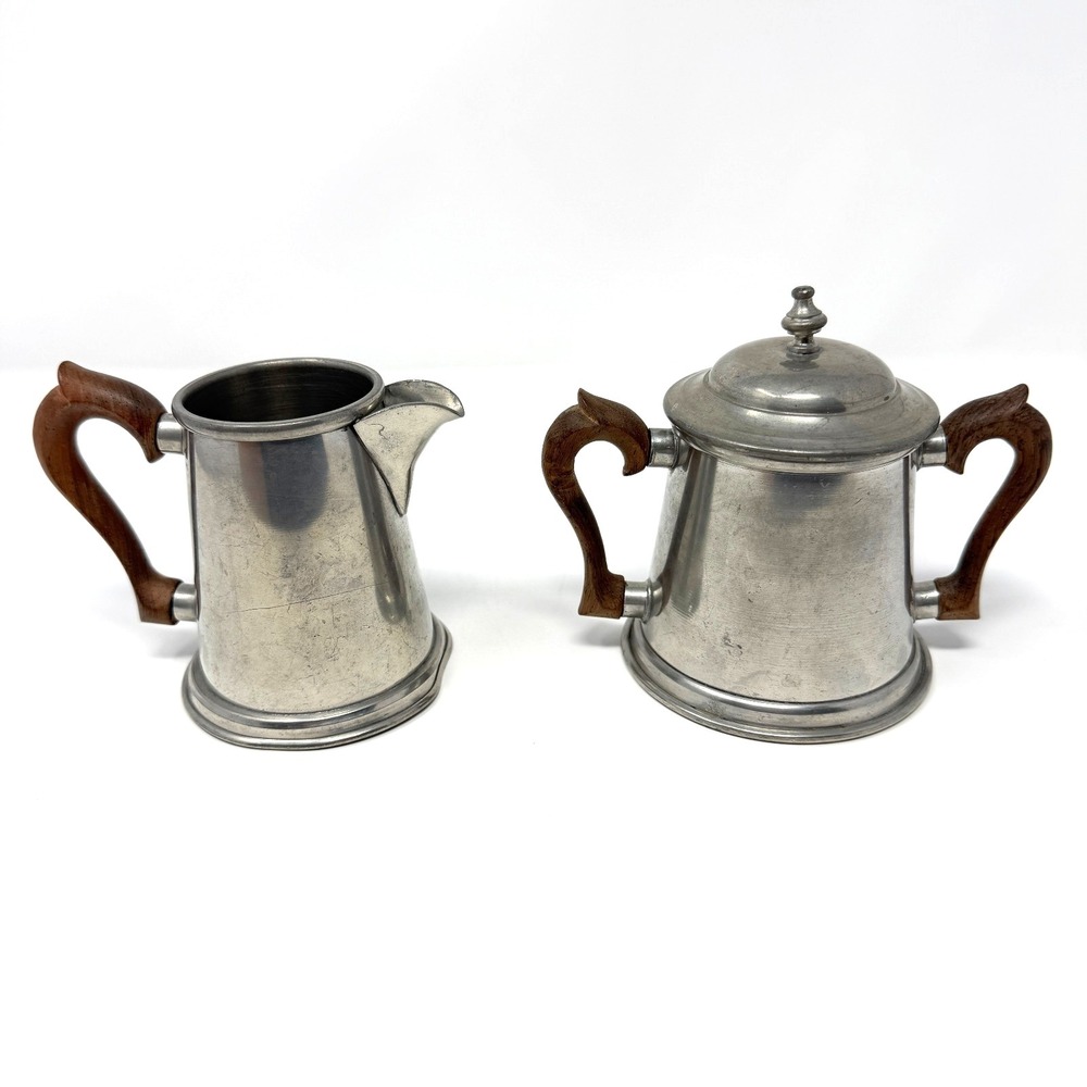 Stieff Pewter Creamer Sugar Bowl Set Wood Handle Cream Pitcher